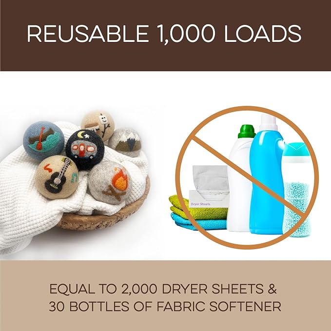 Fluff Ewes Wool Dryer Balls 6 Pack Premium New Zealand Wool Laundry Balls for Dryer, No Static Dryer Balls Laundry Reusable, XL Wool Dryer Balls Cute, Baby Dryer Balls for Dryers - are We There Yet-Mewly Pet