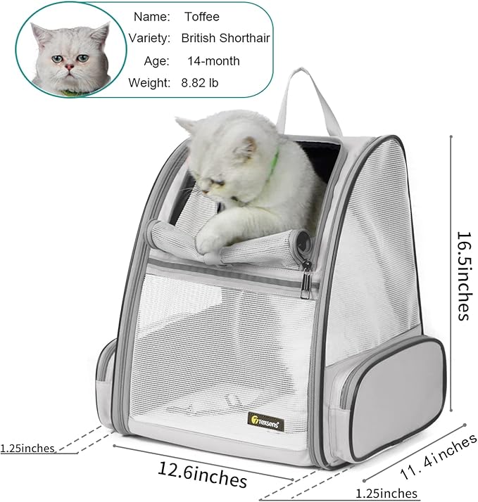 Texsens Pet Backpack Carrier for Small Cats Dogs | Ventilated Design, Safety Straps, Buckle Support, Collapsible | Designed for Travel, Hiking & Outdoor Use (Light Gray)-Mewly Pet