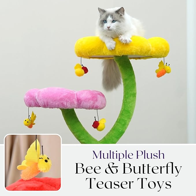 Catry 5-Level 40" Colorful Garden Style Cat Tree with Flower Perches, Leaf Hammock, Fruit Condo, Natural Sisal Scratching Post, Bee Toys, Parts Replaceable-Mewly Pet