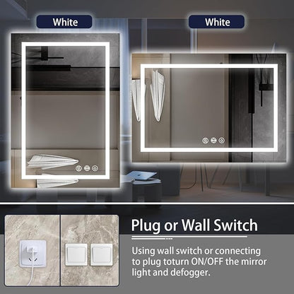 Koonmi 32x24 LED Bathroom Mirror, Backlit + Front Lit, LED Bathroom Mirror with Lights for Wall, 3 Colors, Anti-Fog, Dimmable Brightness, Memory Function, Tempered Glass