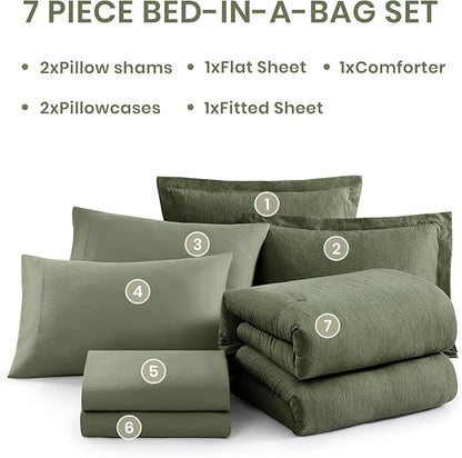 Monbix California King Comforter Set - 7 Pieces Cationic Dyeing Olive Green Bed in a Bag Cal King Bedding Sets with Comforter, Sheets, Pillowcases & Shams, Reversible Bedding Comforters Sets(108 * 92)