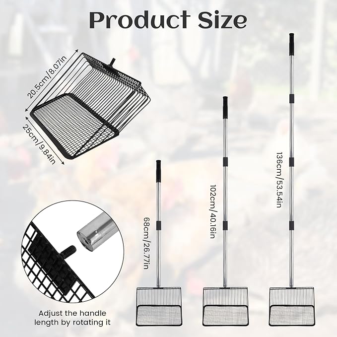Chicken Poop Scooper for Sand 10 Inch, Chicken Coop Scoop Large Metal with Adjustable Handle, Multifunctional Coop Scoop Rake Set Sifting Shovel, Heavy Duty Pooper Shovel Tool Accessories-Mewly Pet