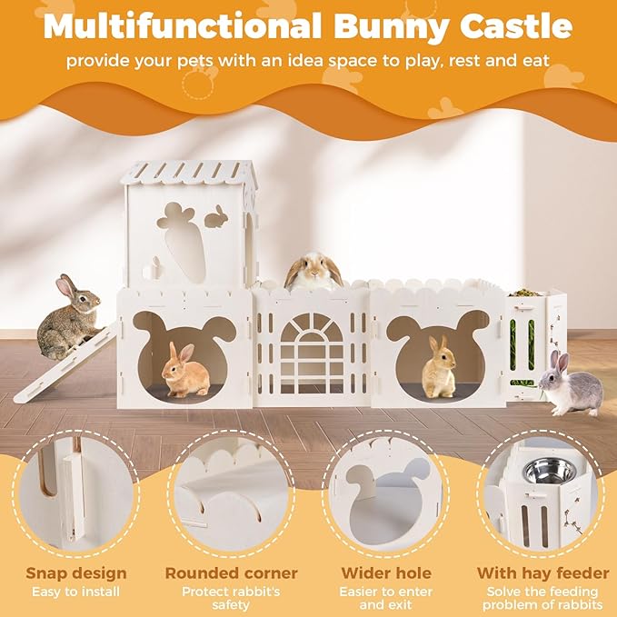 Extra Large Rabbit House, Wooden Bunny House Hideout with 4 Houses and Hay Feeder Indoor, Rabbit Guinea Pig Hideout Multistory Climbing Tower Sturdy Wooden Castle, Small Animal Hideaway Tunnel-Mewly Pet