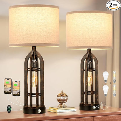 Seealle Table Lamp for Living Room Set of 2 - Copper Bedside Lamp for Bedroom with USB C+A & Outlet, Farmhouse Lamps for Night Stands, 3-Way Dimmable Touch Lamps for Living Room