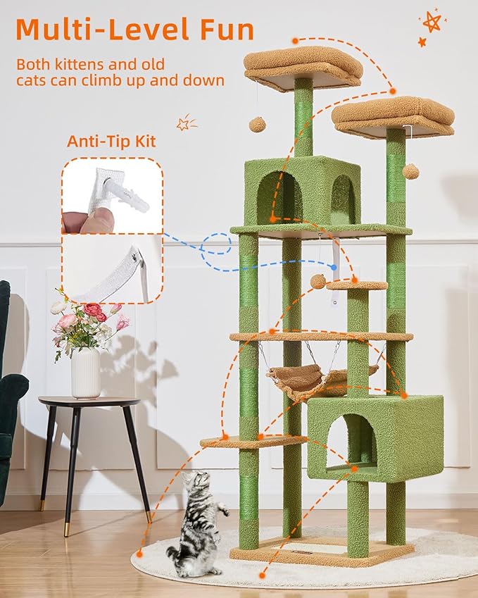 Taoqimiao Cat Tree, 68-Inch Cat Tree Cat Tower for Indoor Cats, Plush Multi-Level Cat Condo with 6 Scratching Posts, 2 Perches, 2 Caves,Hammock, 3 Pompoms,MS020ST Cactus-Mewly Pet