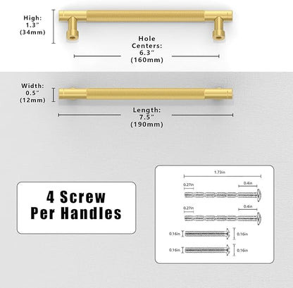10 Pack Brushed Gold Knurled Cabinet Pulls 6.3 Inch(160mm) Kitchen Cabinet Handles Solid Zinc Alloy Cabinet Hardware Drawer Pulls