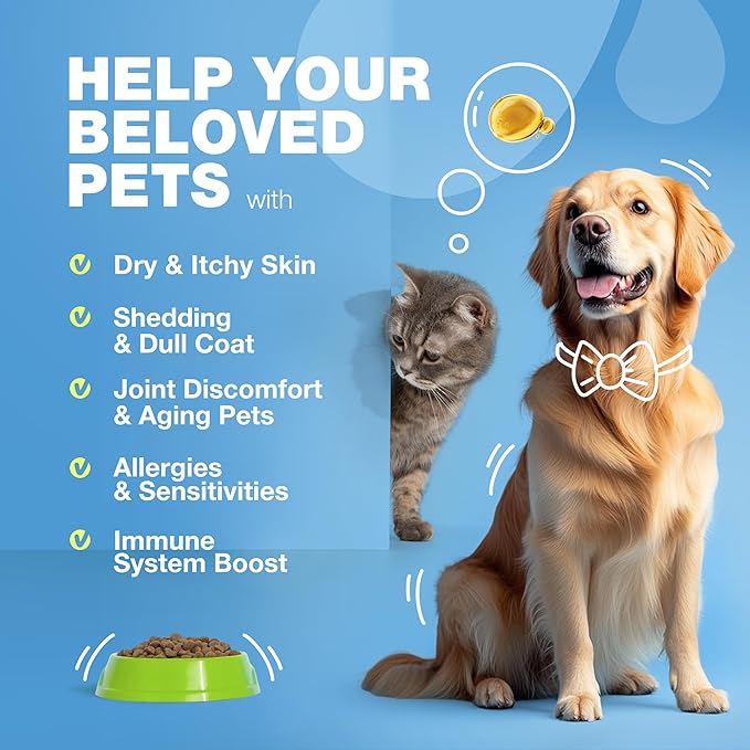 Omega 3 Fish Oil for Dogs and Cats - Healthy Skin and Coat Support Supplement - Omega 3 6 9 EPA DHA Fatty Acids - Itchy Skin, Shedding, Immunity, Joint - Wild Caught Salmon and Pollock Food Topper-Mewly Pet