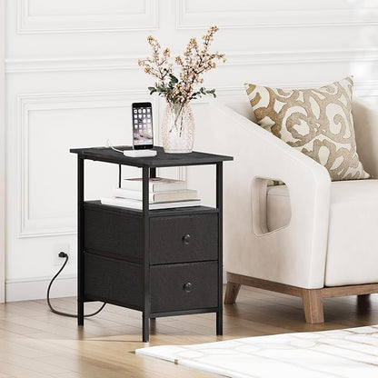 HOOBRO End Table with Charging Station, Narrow Side Table, Nightstand with 2 Non-Woven Drawers, Slim Sofa Side Table, for Small Spaces, Living Room, Bedroom, Black BB486UBZ01
