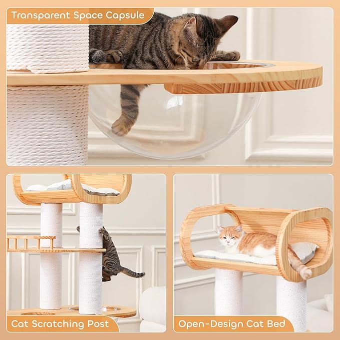 63.6'' Modern Cat Tree Indoor, Solid Wood Cat Tree with Scratching Post for Multi-Cat Families, Tall Cat Tower with Auxiliary Stairs, Huge Condo for Large Cats-Mewly Pet