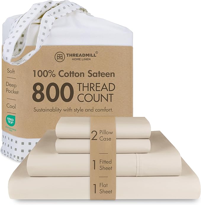Threadmill Luxury 800 Thread Count King 100% Cotton Sheets - Light Beige Sateen Weave Bed-Sheets, Better Than Egyptian Cotton,4 Pc Solid Soft Bedding Set, Fits 16" Deep Pocket