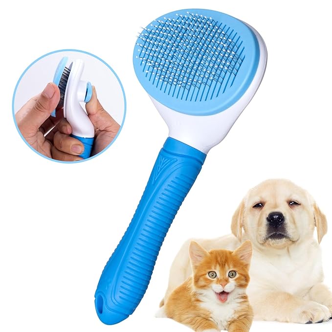 Self Cleaning Slicker Brush for Pet Grooming - Removes Loose Undercoat and Sheds, Suitable for Long and Short Hair Cats and Dogs, with Massaging Bristles-Mewly Pet