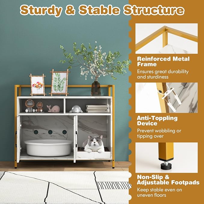 Tangkula Litter Box Enclosure, Modern Cat Litter Box Furniture with Metal Frame, Scratching Board, Storage Compartment, Hidden Cat Washroom (Marble White)-Mewly Pet