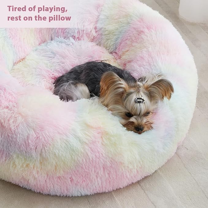 WNPETHOME Calming Dog Bed Cat Bed Donut, Faux Fur Pet Bed Self-Warming Donut Cuddler, Comfortable Round Plush Dog Beds (24 x 24 x 8 Inch, Rainbow)-Mewly Pet