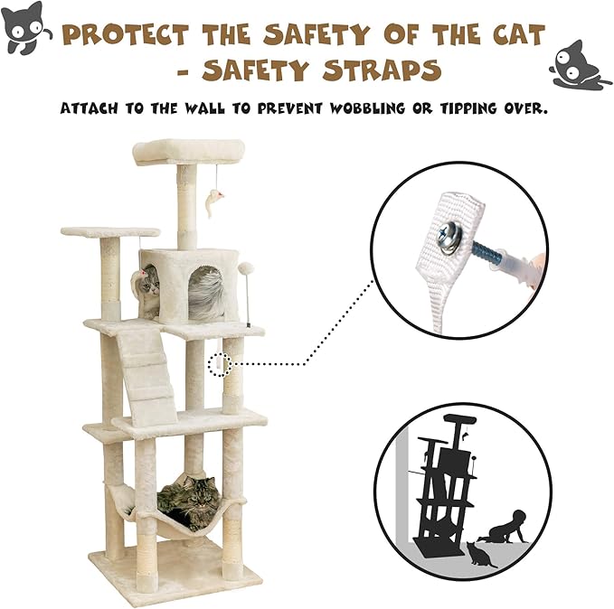 MWPO 63.8 inches Multi-Level Cat Tree for Large Cats with Sisal-Covered Scratching Posts, Padded Platform, Hammock and Condo,Stable Cat Tower Cat Condo Pet Play House-Beige-Mewly Pet