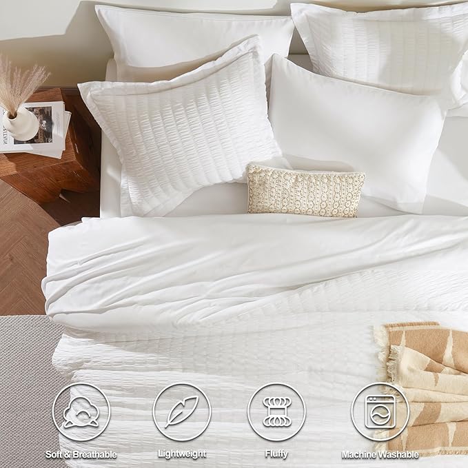 CozyLux Full Size Comforter Sets with Sheets 7 Pieces, White Seersucker Bed in a Bag Textured Luxury Soft Bedding Set with Down Alternative Comforter, Sheets, Pillowcases & Shams for All Seasons