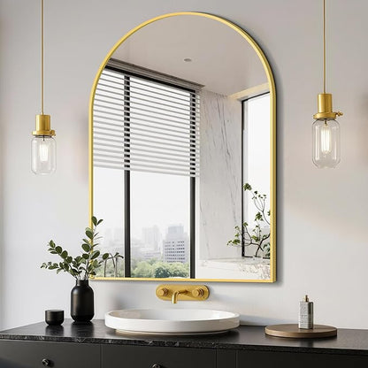 Delma Arched Bathroom Mirror, 28"x40" Wall Mounted Vanity Mirror for Bedroom, Living Room and Entryway, Gold