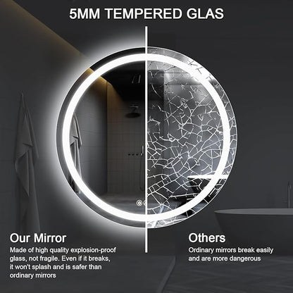 Wall-Mounted LED Round Bathroom Mirror, Makeup Mirror (24 inches x 24 inches,) 3 Color Stepless Dimmable Memory Bathroom Vanity Mirror with Lights CRI90+ 3000-6400K Smart Mirror with Touch