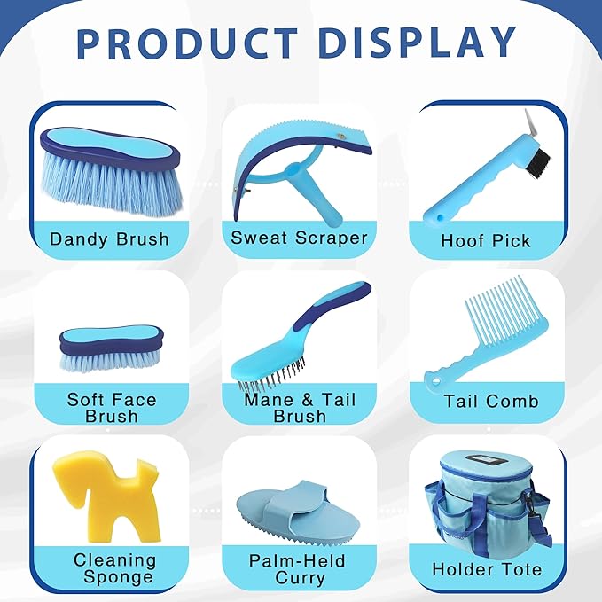Horse Grooming Kit 9pcs Horse Brushes Equine Grooming Brushes Tack Room Supplies Set with Organizer Tote-Mewly Pet