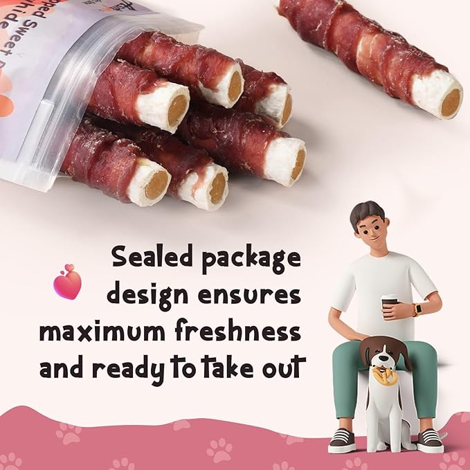 ASMPET Dog Treats Chews, Duck Wrapped Rawhide Sticks Filled with Sweet Potato for Small Medium Large Dogs（6pcs）-Mewly Pet