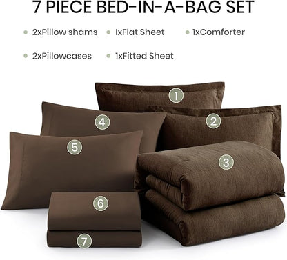 Monbix King Size Comforter Set, Chocolate Brown King Bedding Set Reversible, King Comforter Set 7 Pieces, Cationic Dyeing Bed in a Bag with Comforter, Sheets, Pillowcases & Shams
