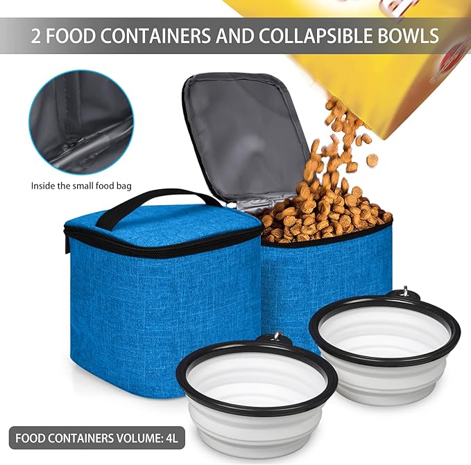 BAGLHER Pet Travel Bag, Double-Layer Pet Supplies Backpack (for All Pet Travel Supplies), Pet Travel Backpack with 2 Silicone Collapsible Bowls and 2 Food Baskets Blue-Mewly Pet