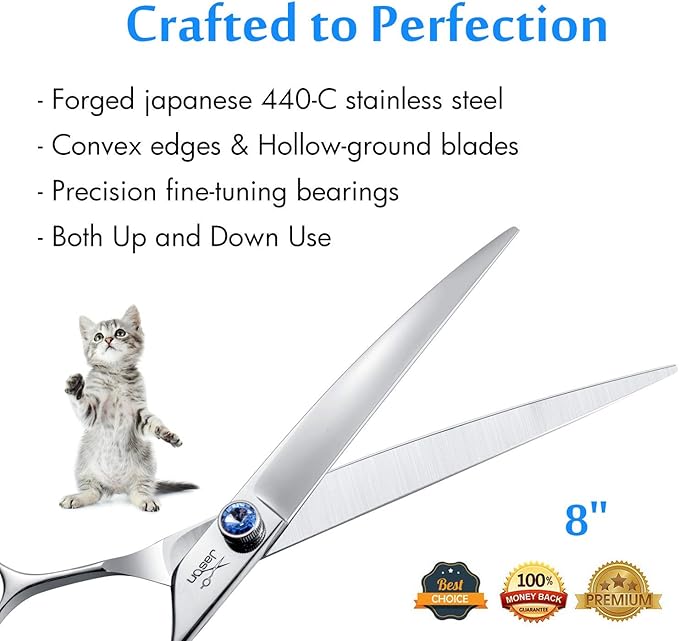 JASON 8" Curved Dog Grooming Scissors Ergonomic Pets Cats Trimming Shears with Offset Handle and a Jewelled Screw for Right Handed Groomers Long Sharp Comfortable-Mewly Pet
