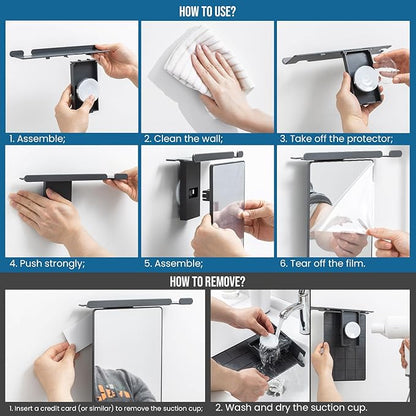 TAILI Shower Mirror Fogless for Shaving with Razor Holder, Anti-Fog with Powerful Suction for Bathroom,Makeup Shave Mirror Wall Mounted for Men & Women, Shatterproof & Removable,Grey