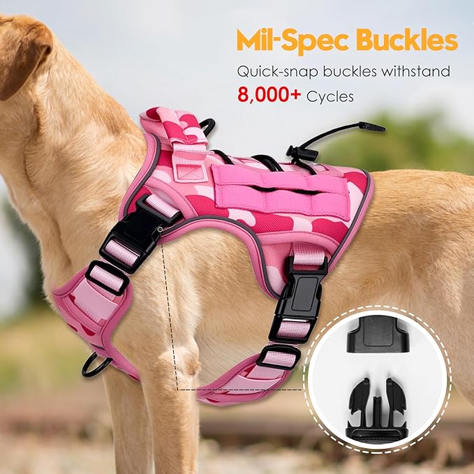 Heavy-Duty Tactical Dog Harness for Large Dogs, No Pull Adjustable Reflective Pet Vest with Molle System, K9 Military-Grade Control for Service Training, Outdoor & 10+ Breeds, Pink Camo, Small-Mewly Pet