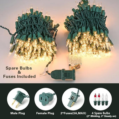 ODEETRONIC Steady & Blink Clear Christmas Lights, 21.63ft 100 Count Incandescent Christmas Lights, 2 Modes UL Certified Warm Clear Light, Connectable Mini Tree Light for Room Wedding Party, Green Wire