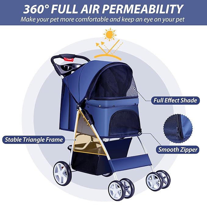 4 Wheels Pet Stroller for Small Medium Dogs Cats 10-33 lbs, Foldable Dog and Cat Stroller with Cup Holder & Storage Basket & Breathable Mesh, Pet Strolling Cart for All-Season, Navy Blue-Mewly Pet