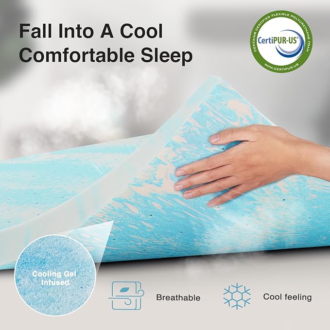 Novilla Memory Foam Mattress Topper King - 2 Inch Cooling Gel Infused Memory Foam | Slow-Rebound Pressure Relief | CertiPUR Certified | Comfort for Sleeper Sofa, RV, Camper, Dorm Room