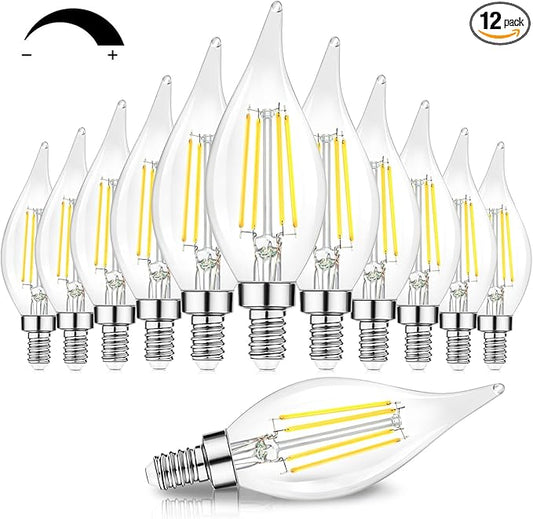 TOBUSA Dimmable E12 Candelabra LED Bulbs 60 Watt Incandescent Equivalent, 5000K Daylight White, Clear Filament Chandelier Light Bulbs 6W, 600lm, CA11 Vintage Ceiling Fan Light Bulbs with Flame Tip