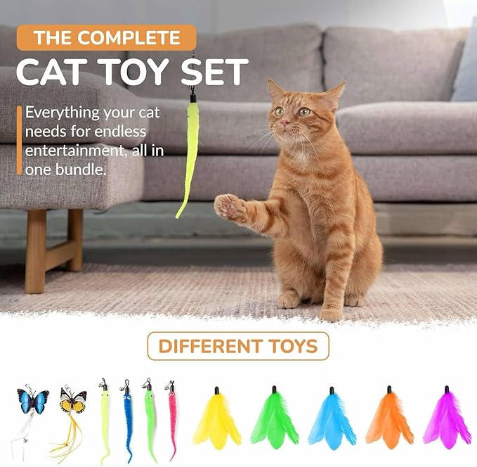 PAWSITIVE Interactive Cat Toys - Retractable Feather Wand with Refill Set 12PCS - Perfect for Indoor Cats to Chase, Exercise & Bond with Their Owners-Mewly Pet