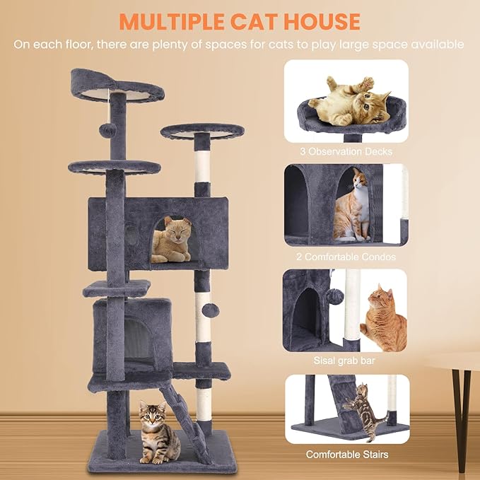 54.7 inches Cat Tower for Indoor Cats Multi-Level Cat Condos for Cat Tree Cat Climbing Tower with Scratching Posts, Hanging Toys,Ashy-Mewly Pet