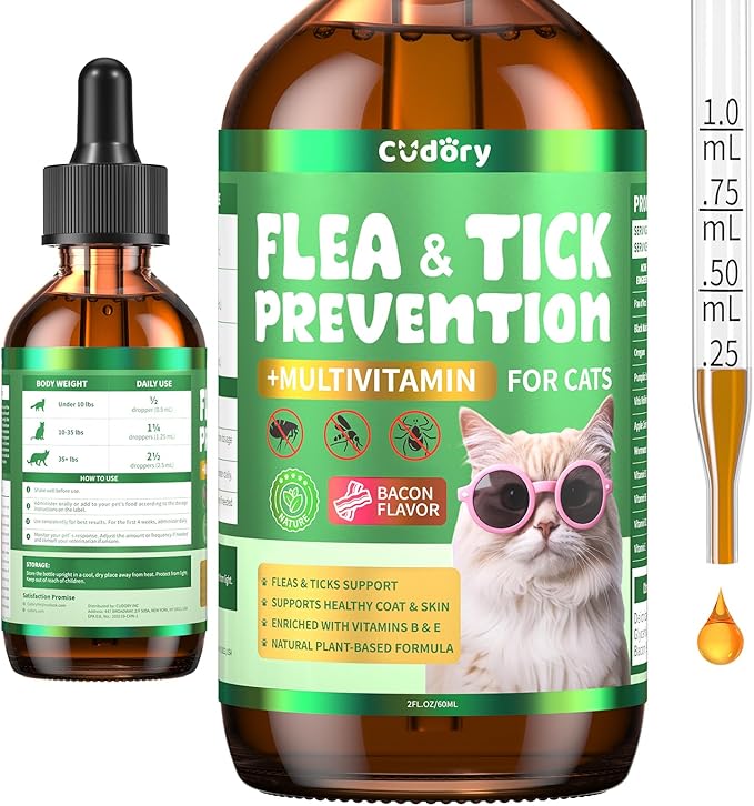 Flea & Tick Support for Cats – Natural Herbal Drops with Multivitamin – Fleas and Ticks Comfort Formula for Cat All Breeds & Ages – Bacon Flavor-Mewly Pet