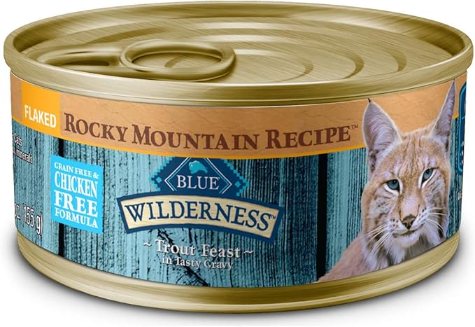 Blue Buffalo Wilderness Rocky Mountain Recipe Natural High Protein Wet Food for Adult Cats, Trout in Tasty Gravy, 5.5-oz cans, Pack of 24-Mewly Pet