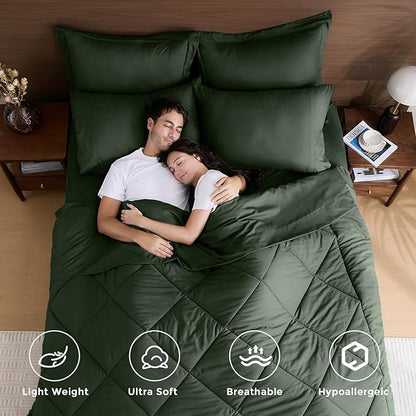 HEVUMYI Army Green Queen Comforter Set - 7-Piece All Season Bed in a Bag Queen, Ultra Soft Bedding Set with Comforter, Flat Sheet, Fitted Sheet, Pillowcases, Pillow Shams