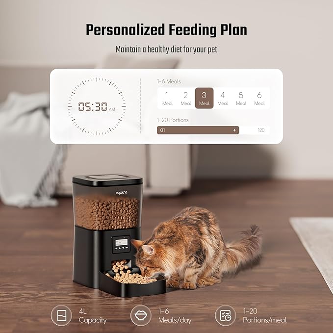 Espelho Automatic Cat Feeder- 4L Timed Cat Food Dispenser 1-6 Meals Control for Cat and Small Dog- Auto Pet Feeder with Desiccant Bag Keep Fresh for Reliable Easy Set Up and Clean- Voice Recorder-Mewly Pet