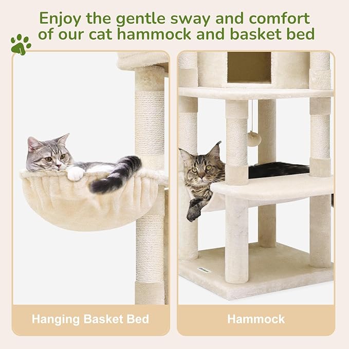 Globlazer Corner Cat Tree, 51in Curved Series Modern Cat Tower for Indoor Cats with Hammock, 7 Sisal Scratching Posts, Large Fan-Shaped Platform for Large Cats, Cat Condo & Hanging Basket, C51, Beige-Mewly Pet