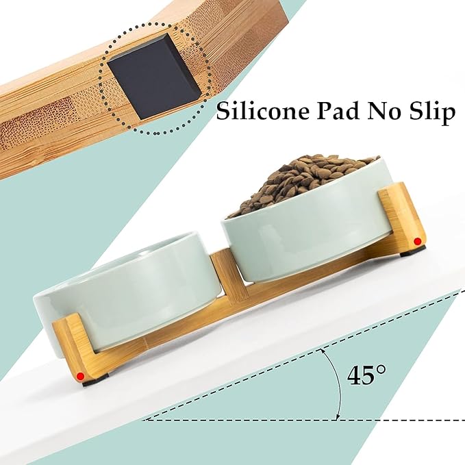 SPUNKYJUNKY Ceramic Dog and Cat Bowl Set with Wooden Stand, Modern Cute Weighted Food Water Set for Small Size Dogs (13.5OZ) & Medium Sized Dogs (28.7OZ) & Cats (1.7 Cups, 2 × Light Green)-Mewly Pet