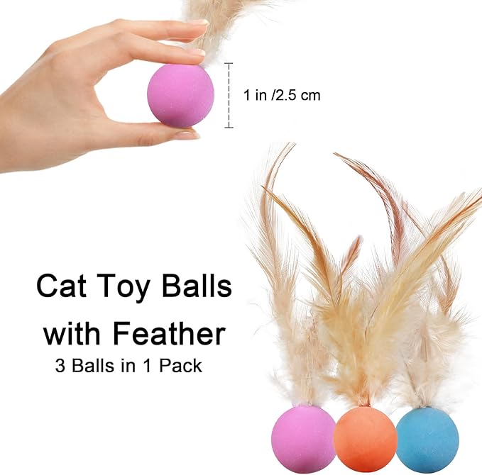 Cat Toys Balls with Feathers, 3 Pcs Interactive Cat Bouncy Balls for Indoor Cats and Playful Kittens, Rubber Kitten Ball Toys for Interactive Playing, Chase Training and Hunting Exercise-Mewly Pet