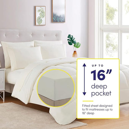 King Size Comforter Set with Sheets - 7-Piece Bedding Collection - 1 Comforter, 1 Fitted Sheet, 1 Flat, 4 Pillowcases - Deep Pocket - Soft & Breathable Premium Quality - Ideal for All Seasons, Ivory
