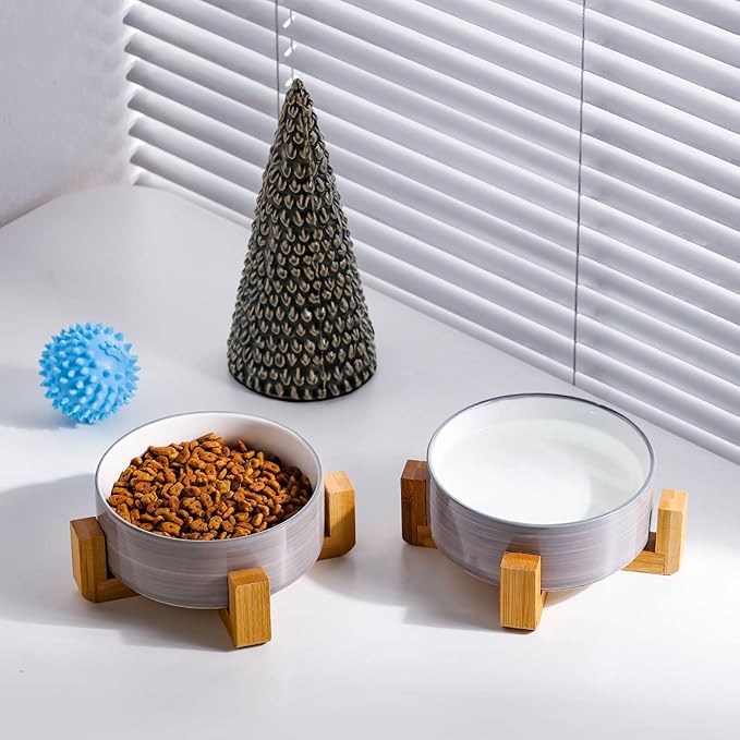 Petygooing Ceramic Cat Dog Bowl Set with Stand, Pet Food and Water Bowl,Medium Pet Dishes Anti Slip Set of 2 Cat Dog Bowls-Cute Modern Pet Food Bowls Small Medium Size (28 OZ /3.6 Cups) Grey White-Mewly Pet