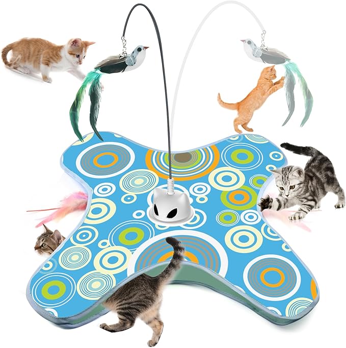 VIWIK Hide and Seek Toys for Indoor Adult Cats with Suction Cup & Cover, Interactive Automatic Moving Concealed Feather Kitten Wand Bird Toy, Cat Enrichment Toys for All Breeds Blue-Mewly Pet