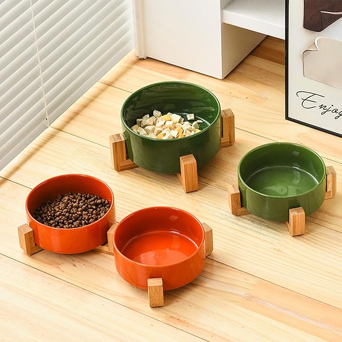 Petygooing Dog Bowls,Ceramic Cat Dog Bowl Set with Wood Stand for Food and Water,Non-Slip Cute Modern Pet Dish for Cats Small Size Dogs Puppy (13.5OZ/5.1 in) Rust Red-Mewly Pet