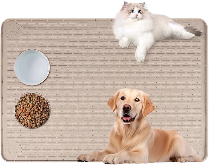 Cat Food Mat, 40" x 28" Extra Large Silicone Pet Feeding Mat with Raised Edge Pet Placemat for Food and Water Bowl Non-Slip, Easy to Clean, Floor Protection (Khaki)-Mewly Pet