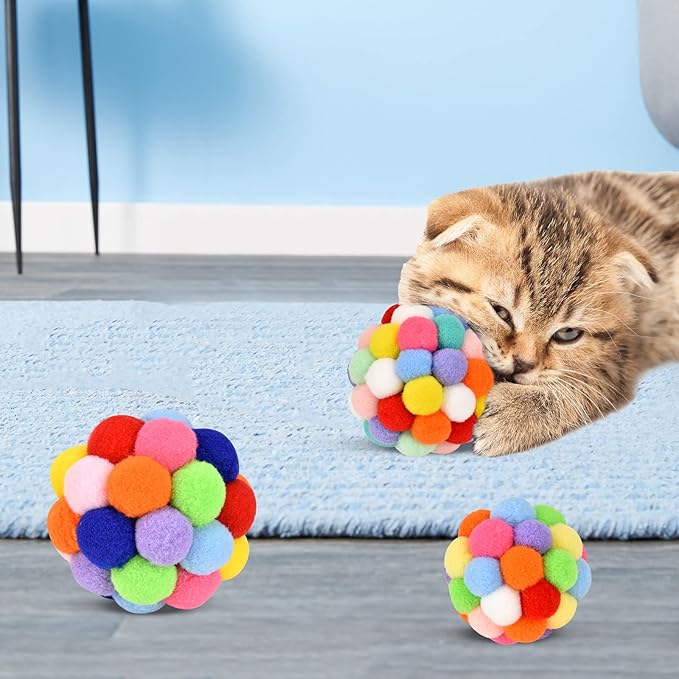 TUSATIY Cat Toy Balls with Bell 3PCS, Colorful Soft Fuzzy Balls Built-in Bell for Cats, Interactive Playing Chewing Toys for Indoor Cats and Kittens-Mewly Pet