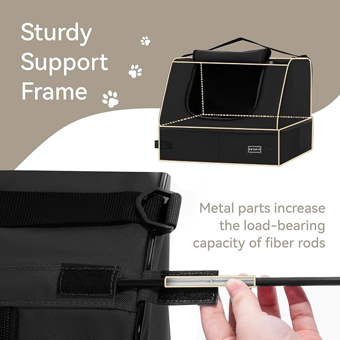 PETSFIT Portable Cat Litter Box - Removable 2-Layer Leak-Proof Lining, Scratch-Resistant Fabric with Sturdy Support Frame, Travel & Collapsible Cat Litter Box Black-Mewly Pet