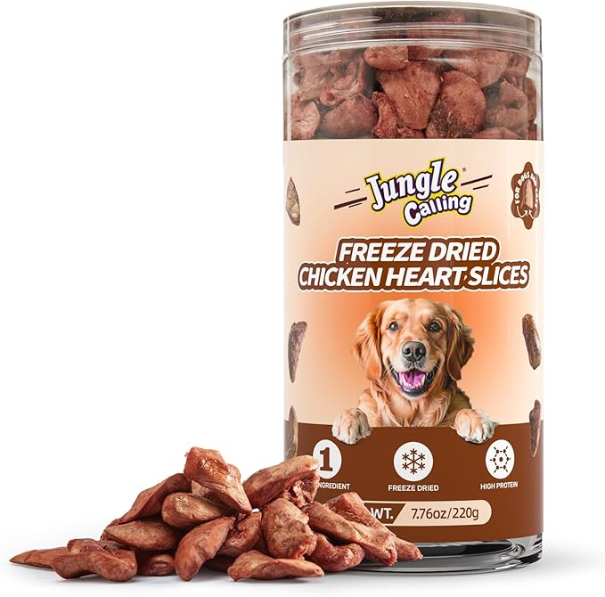 Jungle Calling Cat Treats & Dog Snacks, Freeze Dried Chicken Hearts Halves for Cats & Dogs, Single Ingredient Organ Meat, High Protein Pet Training Treats & Food Topper, 7.76 oz-Mewly Pet