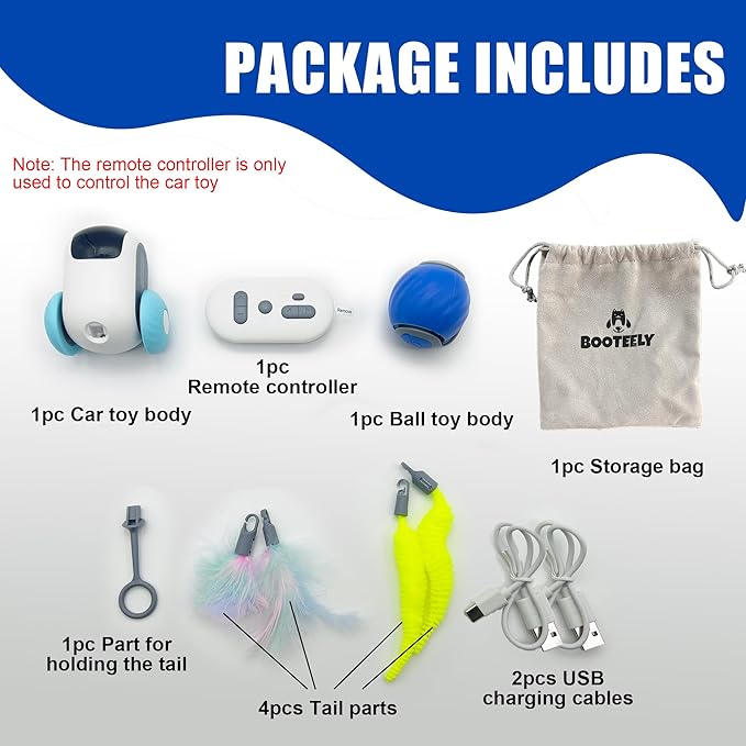 1pc Interactive Automatic Remote Control Cat Mice Car Toy and 1pc Smart Electric Moving Speedy Cat Ball Toy with Feather Tail, Suitable for Dogs, Keep Busy, Stimulating, Rechargeable (Blue)-Mewly Pet